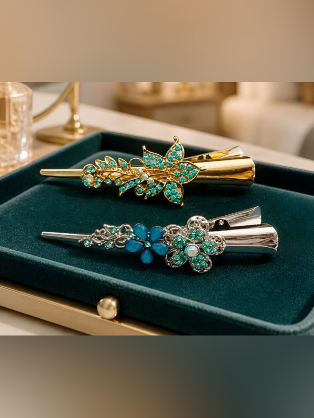 Gold-tone & Silver-tone Floral Hair Clamps Turquoise & AB Crystals